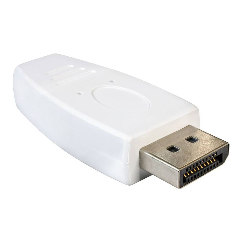 Een witte DisplayPort-adapter met metalen connector op witte achtergrond.