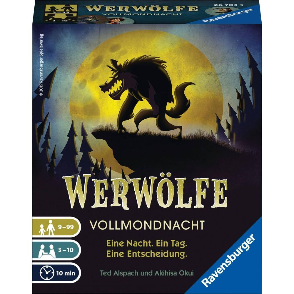 Ein Werwolf steht auf einer Klippe unter Vollmond, mit dunklen Bäumen und einer Burg im Hintergrund.