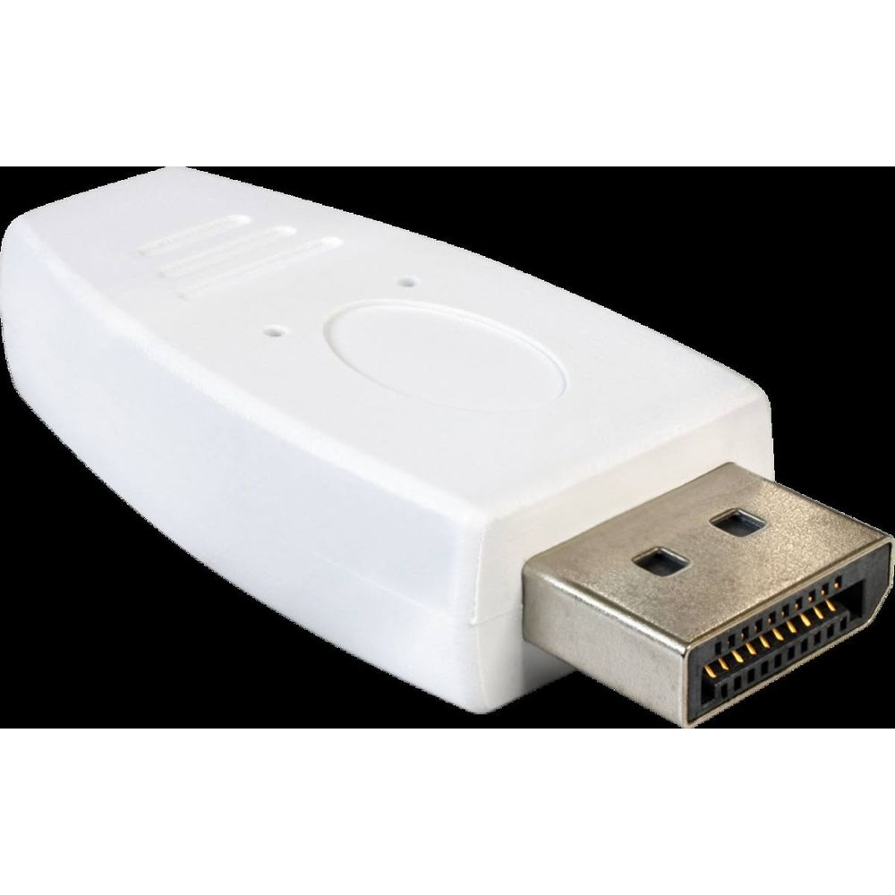 Een witte DisplayPort-adapter met zilveren connector.