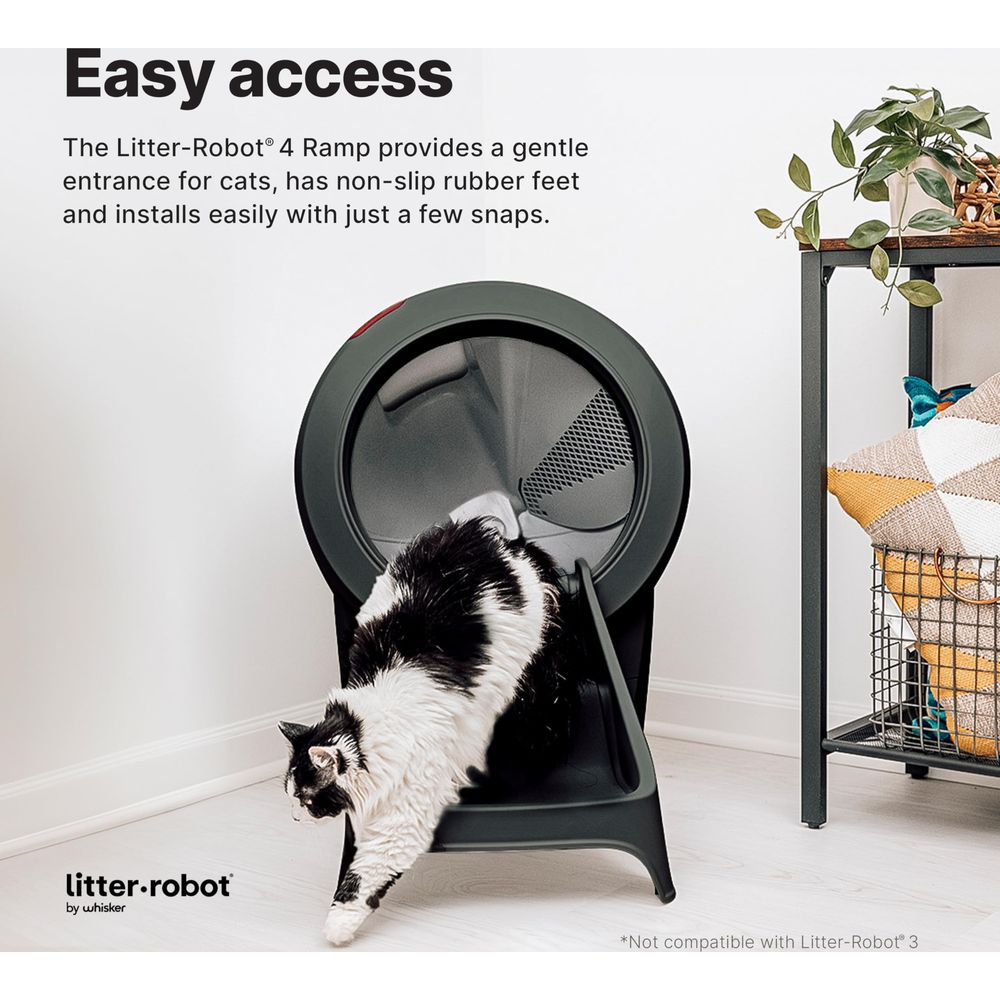 Een zwart-witte kat loopt een op een Litter-Robot bevestigde helling af.
