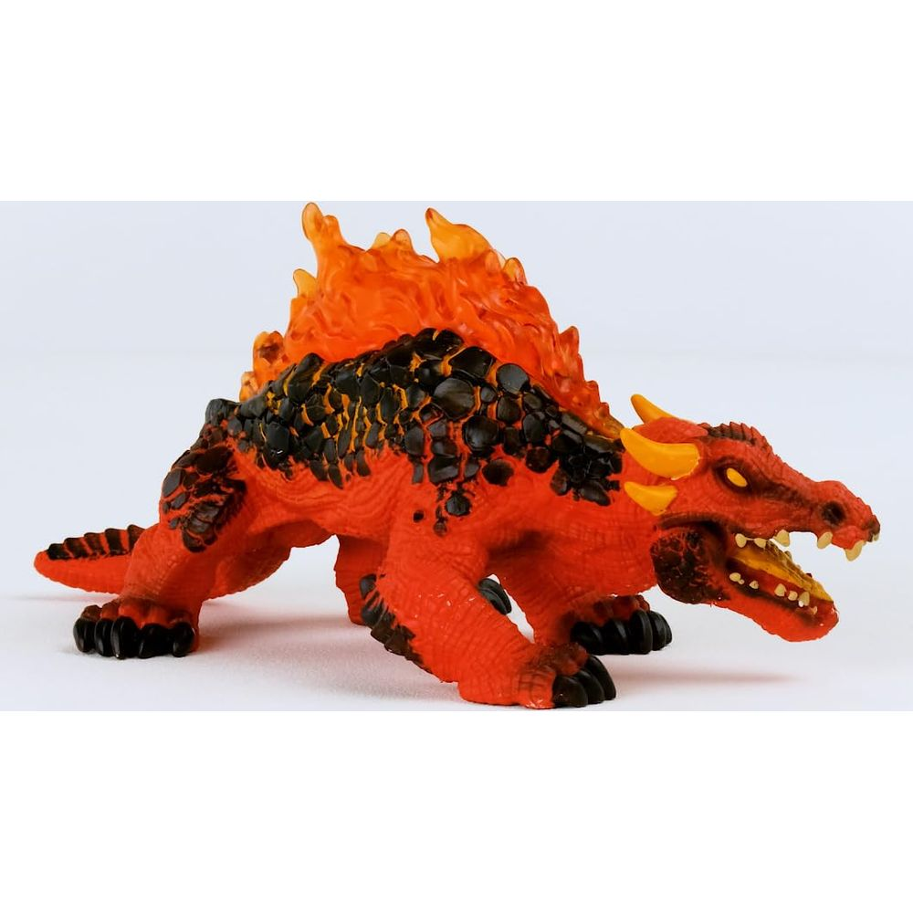 Un giocattolo dinosauro rosso con fiamme arancioni sulla schiena e squame nere.