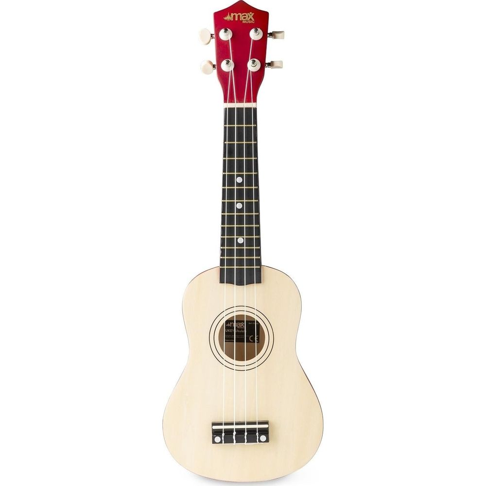Una ukelele de color claro con clavijero rojo y cuatro cuerdas, sobre fondo blanco.