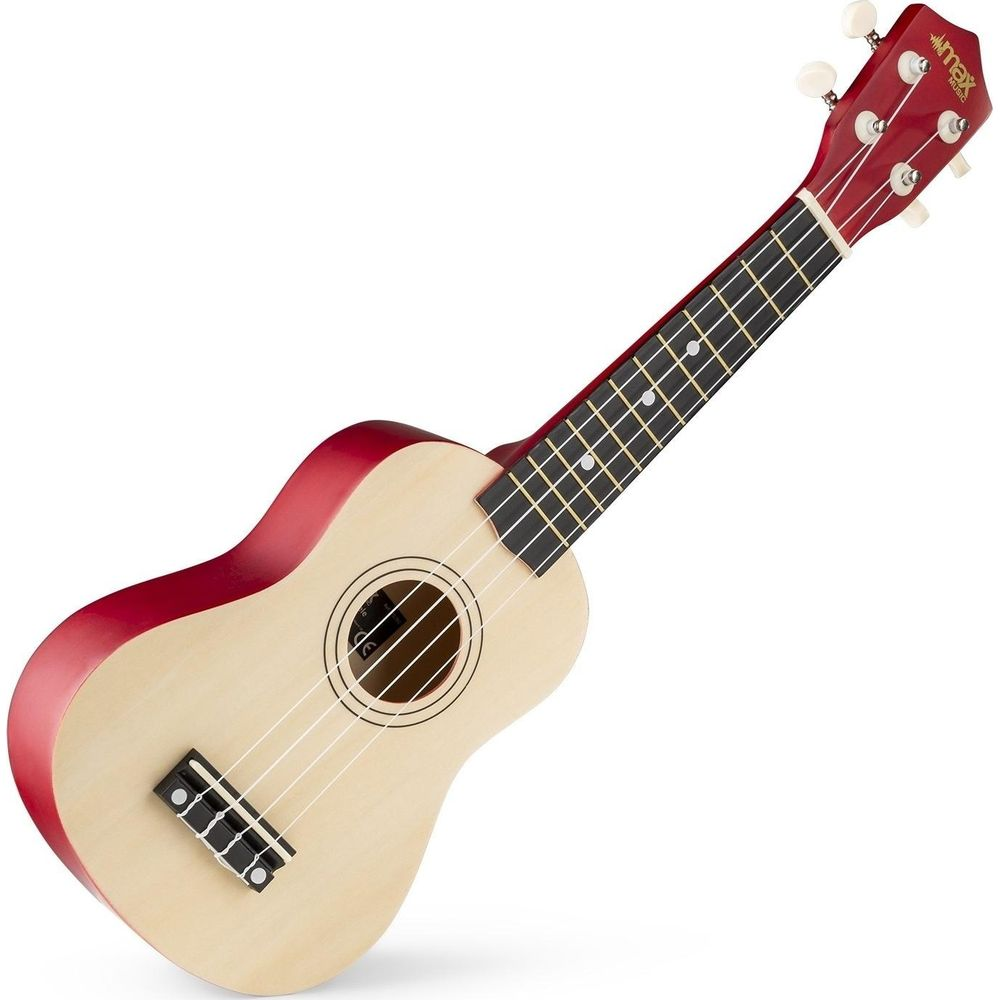 Una ukelele roja con cuerpo y diapasón de madera clara.