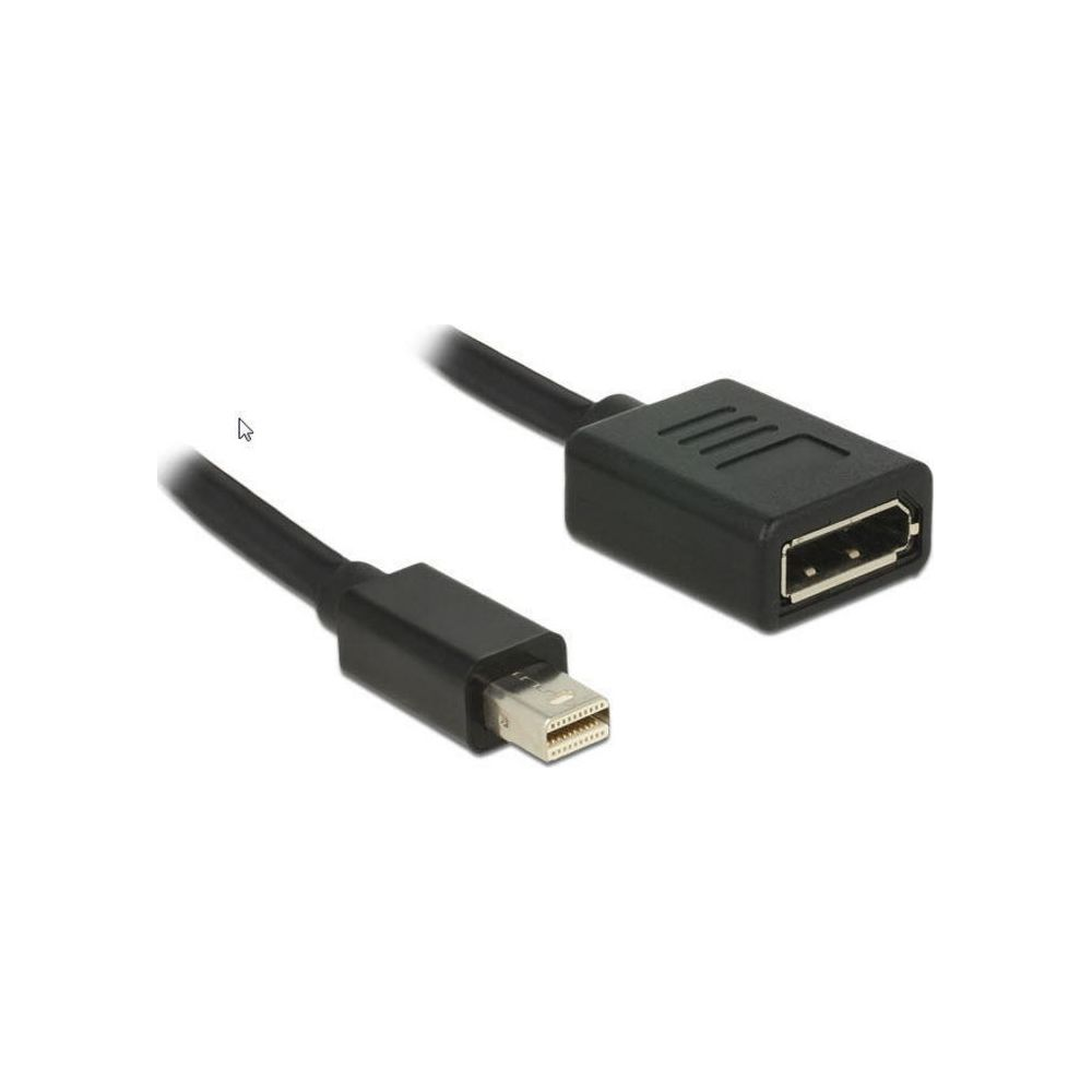 Een zwarte kabel met Mini DisplayPort mannelijke stekker en vrouwelijke aansluiting.
