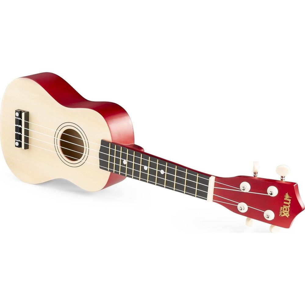 Un ukelele rojo con cuerpo y mástil de madera clara, sobre fondo blanco.