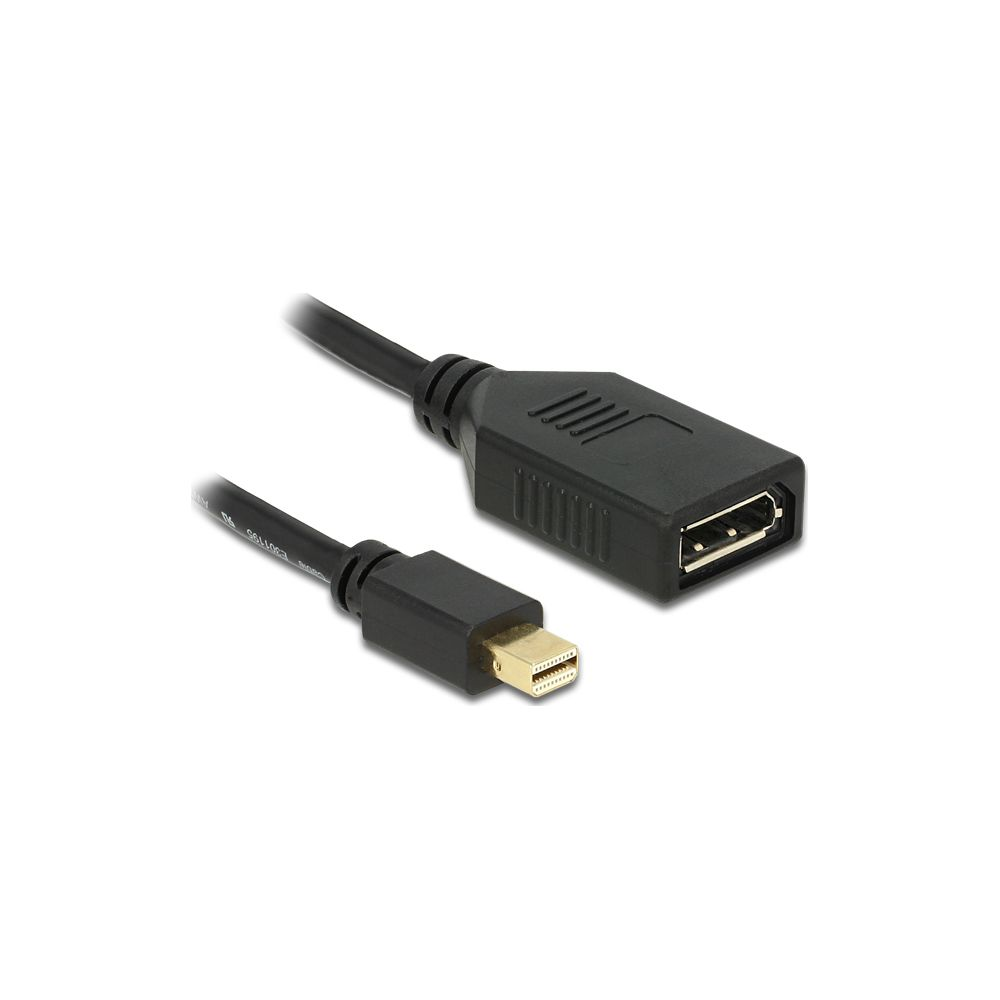 Zwarte kabel met Mini DisplayPort mannelijke en vrouwelijke connectoren op witte achtergrond.