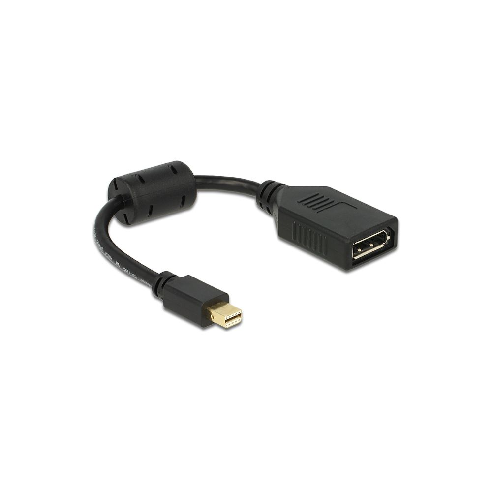 Een zwarte kabel met mini displayport mannelijke en vrouwelijke connector. Een ferrietkern is zichtbaar.