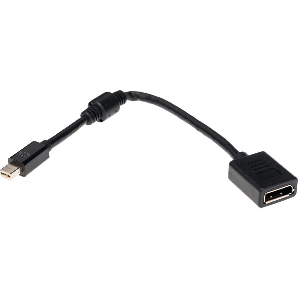 Een zwarte DisplayPort naar HDMI adapter, met een mannelijke stekker en vrouwelijke poort.
