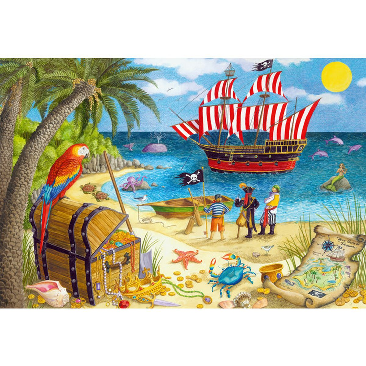 Scena piratesca con forziere, pappagallo, nave, pirati e una sirena su una spiaggia.