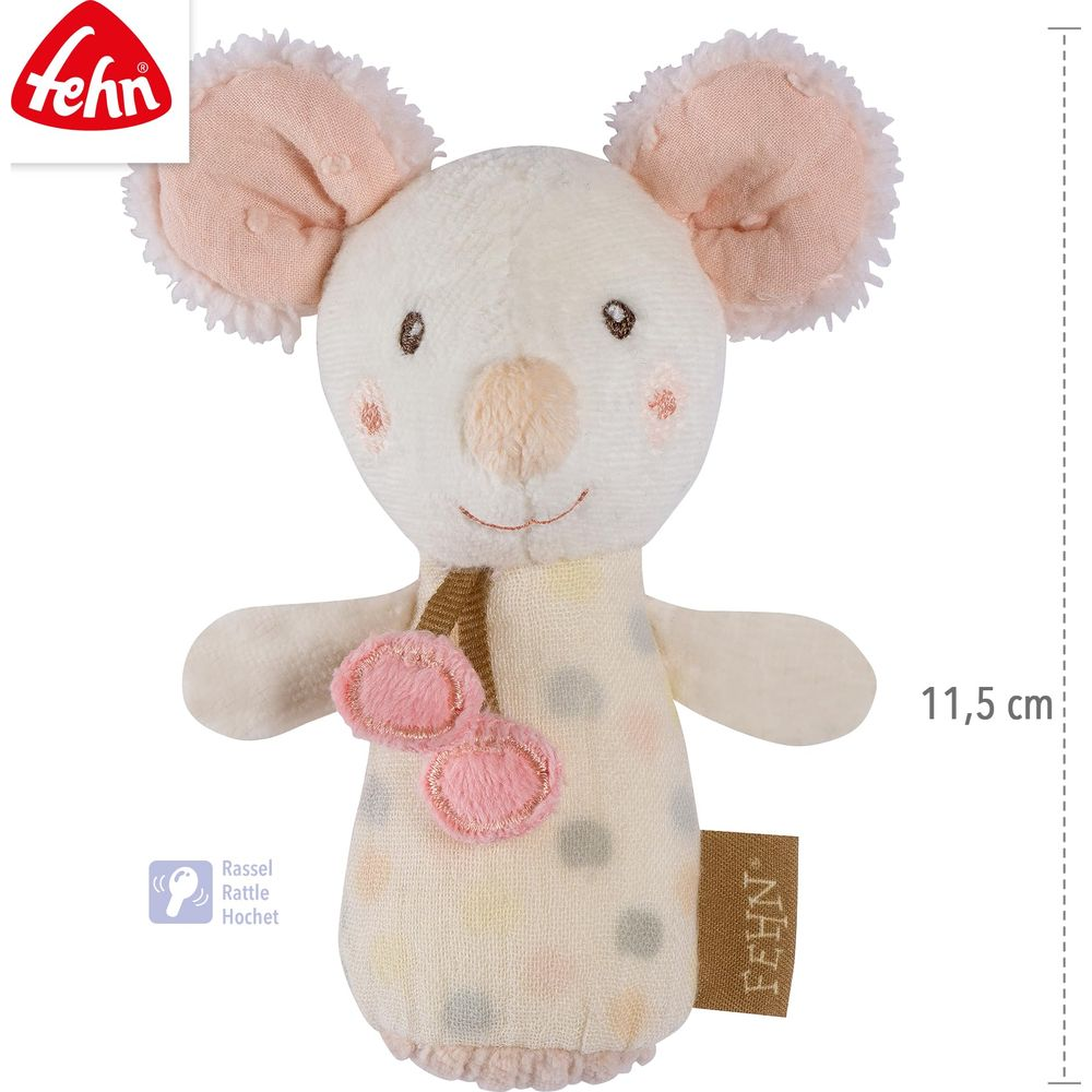 Une souris en peluche blanche avec des oreilles roses et un corps à pois.