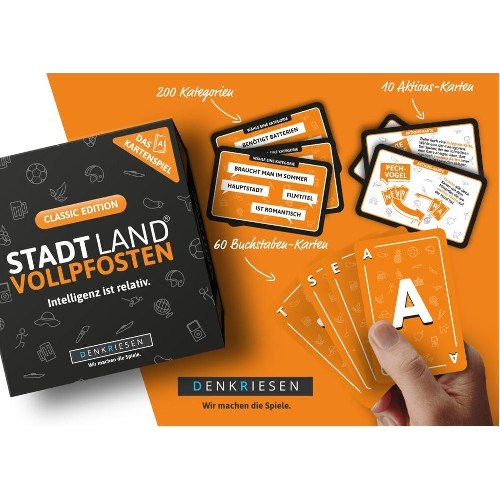 Jeu "Stadt Land Vollpfosten" avec boîte et cartes. Comprend des cartes de catégorie et de lettres.