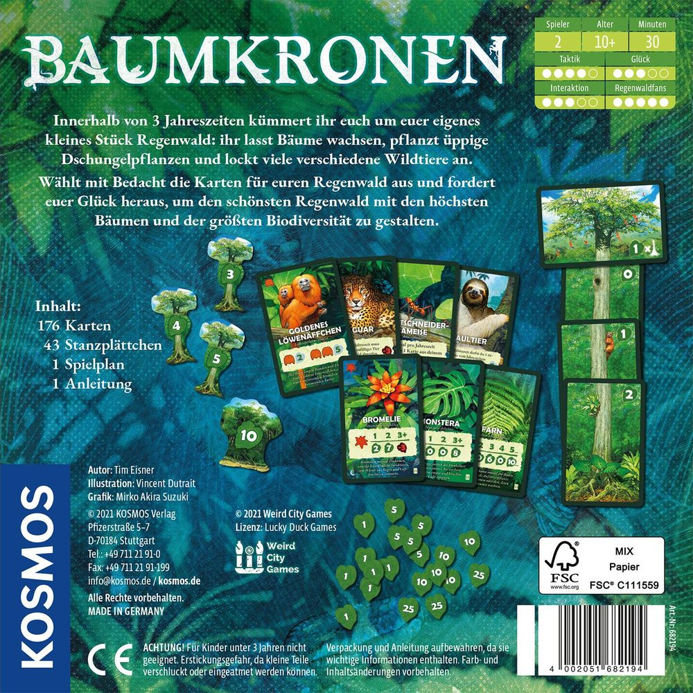 Jeu "Baumkronen" avec cartes d'animaux, de plantes et d'arbres sur fond vert.