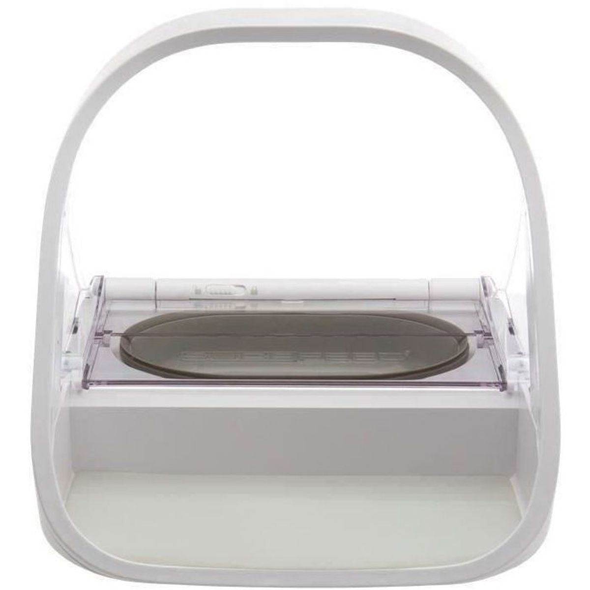 Biały automatyczny dozownik karmy dla zwierząt z przezroczystą pokrywą i płaską tacką.