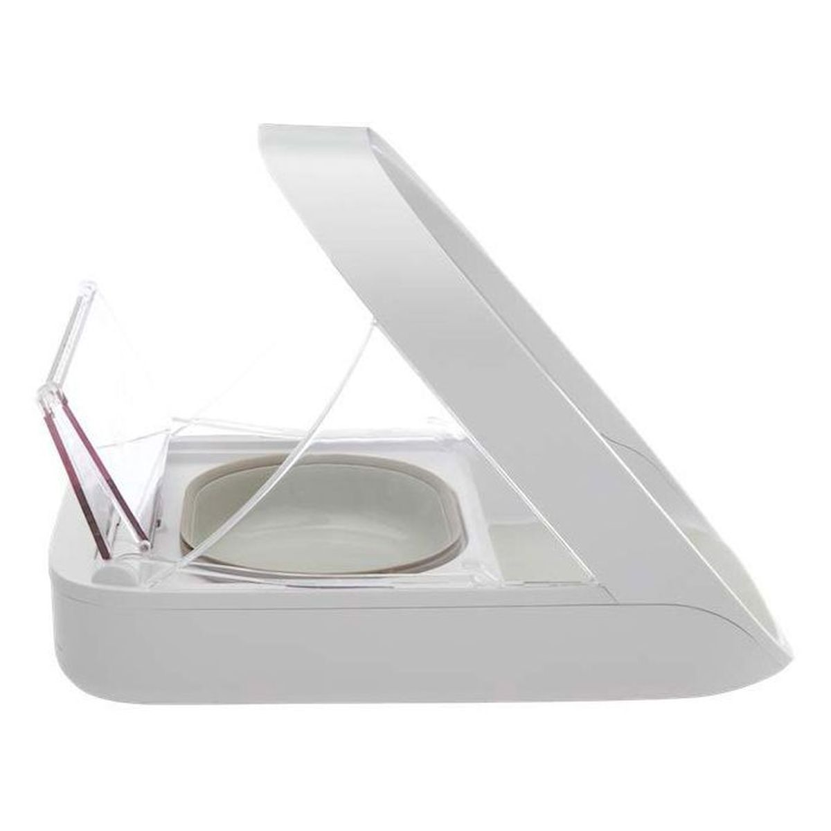 Biała miska dla zwierząt z otwartą przezroczystą pokrywą.