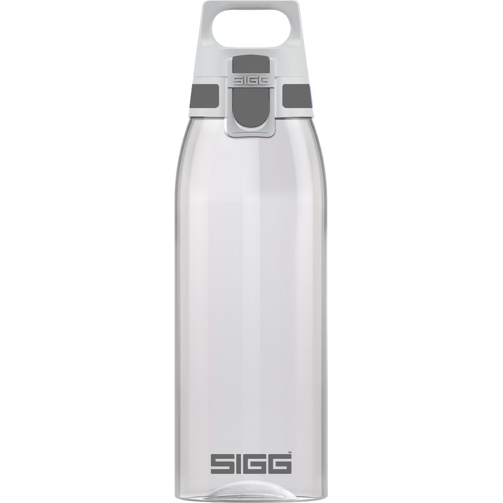 Transparente SIGG-Flasche mit weißem und grauem Deckel und Griff.
