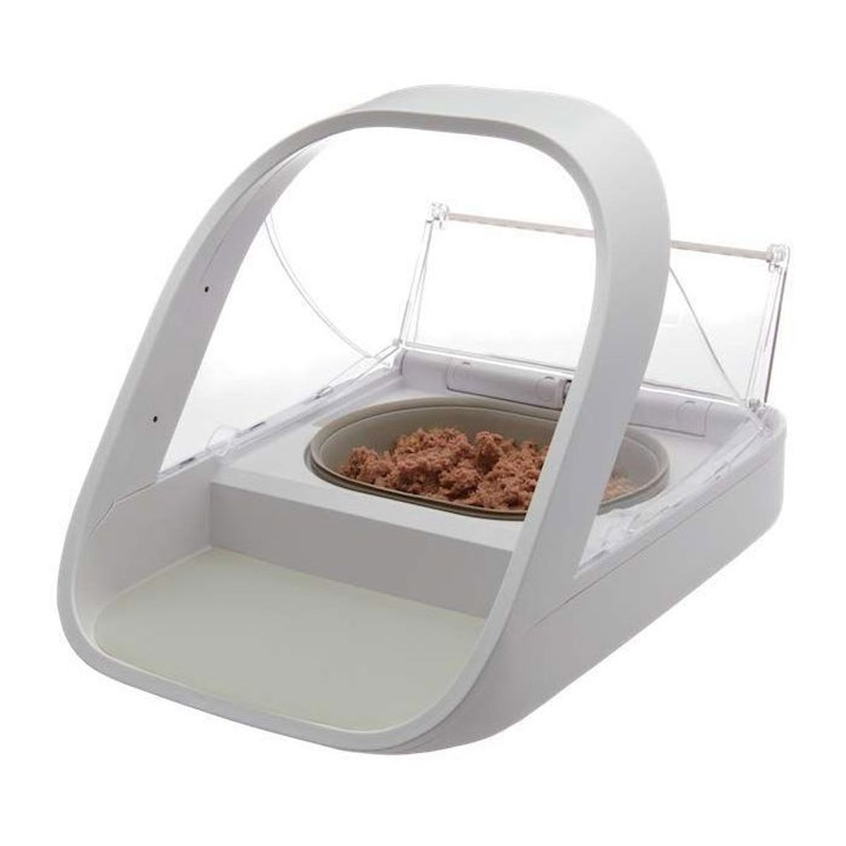 Biały, nowoczesny automatyczny podajnik karmy dla zwierząt z mokrą karmą.