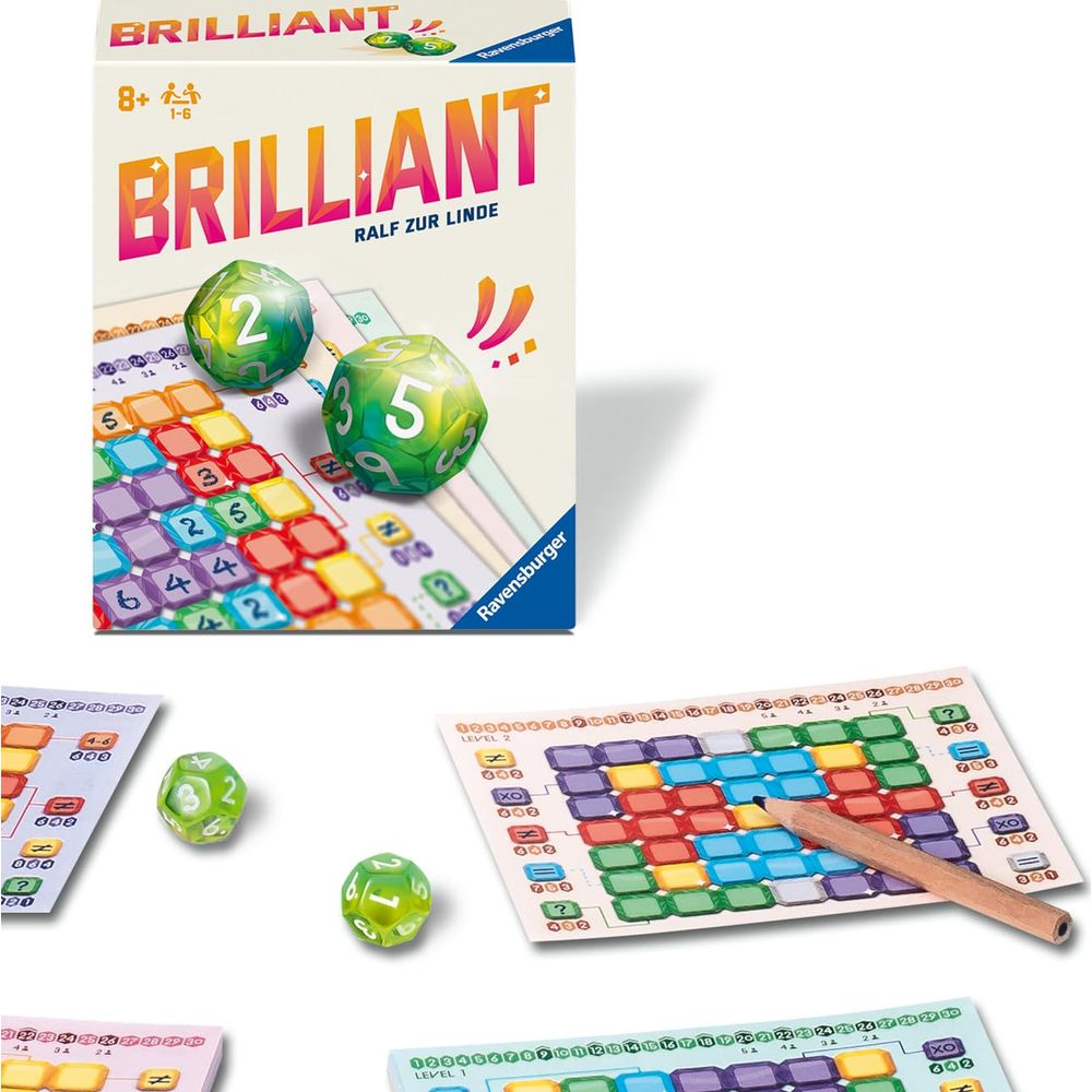 Il gioco 'Brilliant' con tabellone, dadi e matita. Campi multicolori.