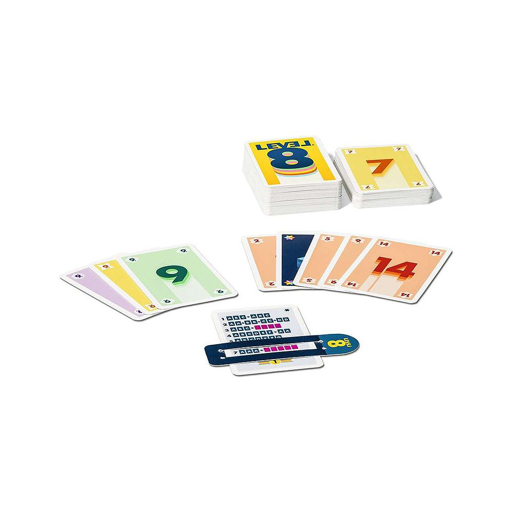 Karty do gry z numerami 8, 7, 9 i 14. Plansza do gry na pierwszym planie.