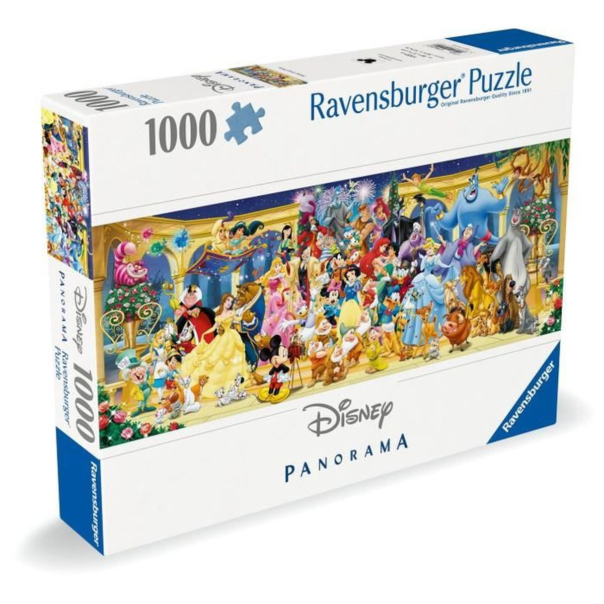 Scatola puzzle panoramica Disney Ravensburger da 1000 pezzi con molti personaggi.