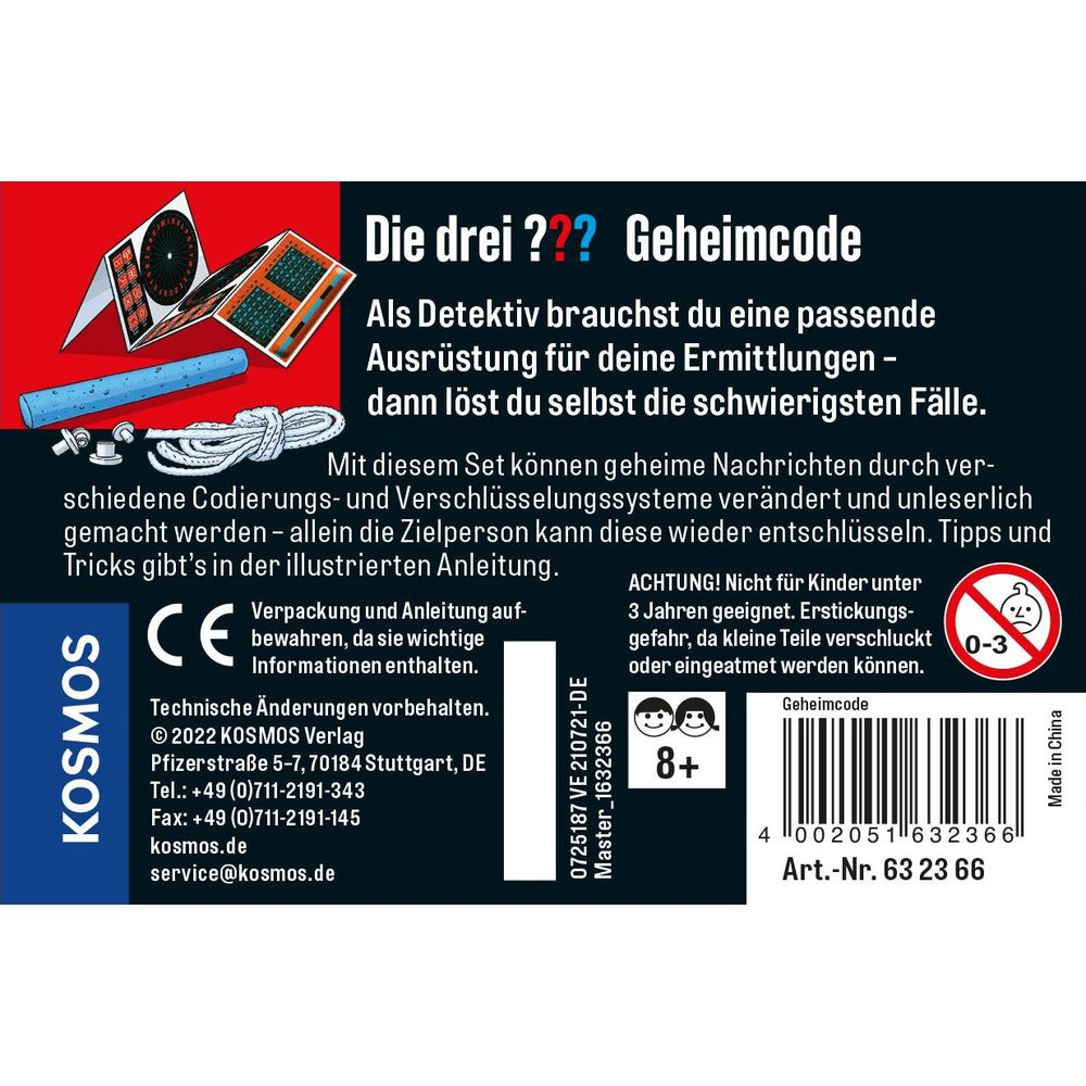 Kosmos 'Die drei ??? Geheimcode' Spielverpackung mit Spielutensilien und Warnhinweisen.