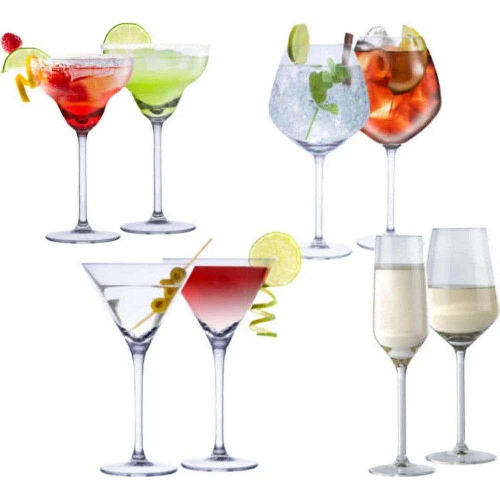 Six cocktails in glasses, garnished with fruit and lime.