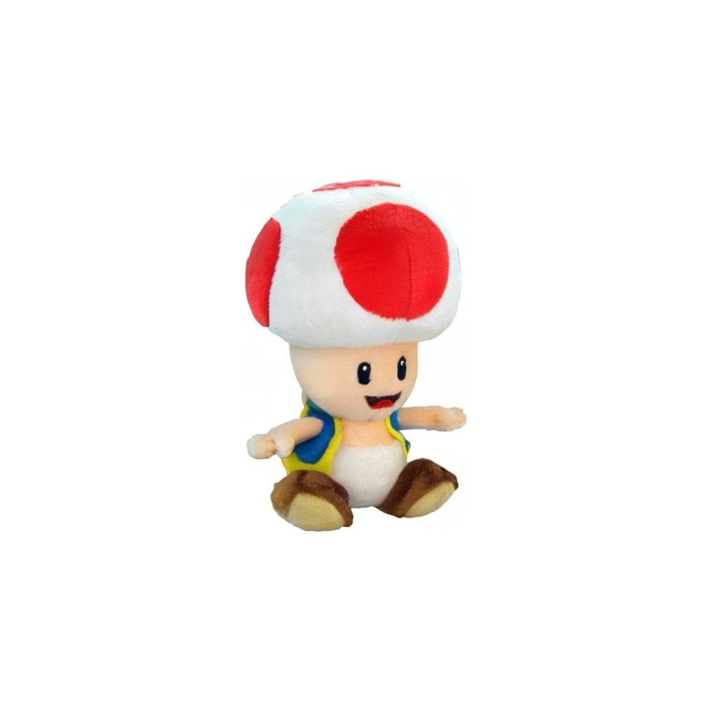 Une peluche de Toad portant un chapeau champignon rouge, un gilet bleu et des vêtements jaunes.