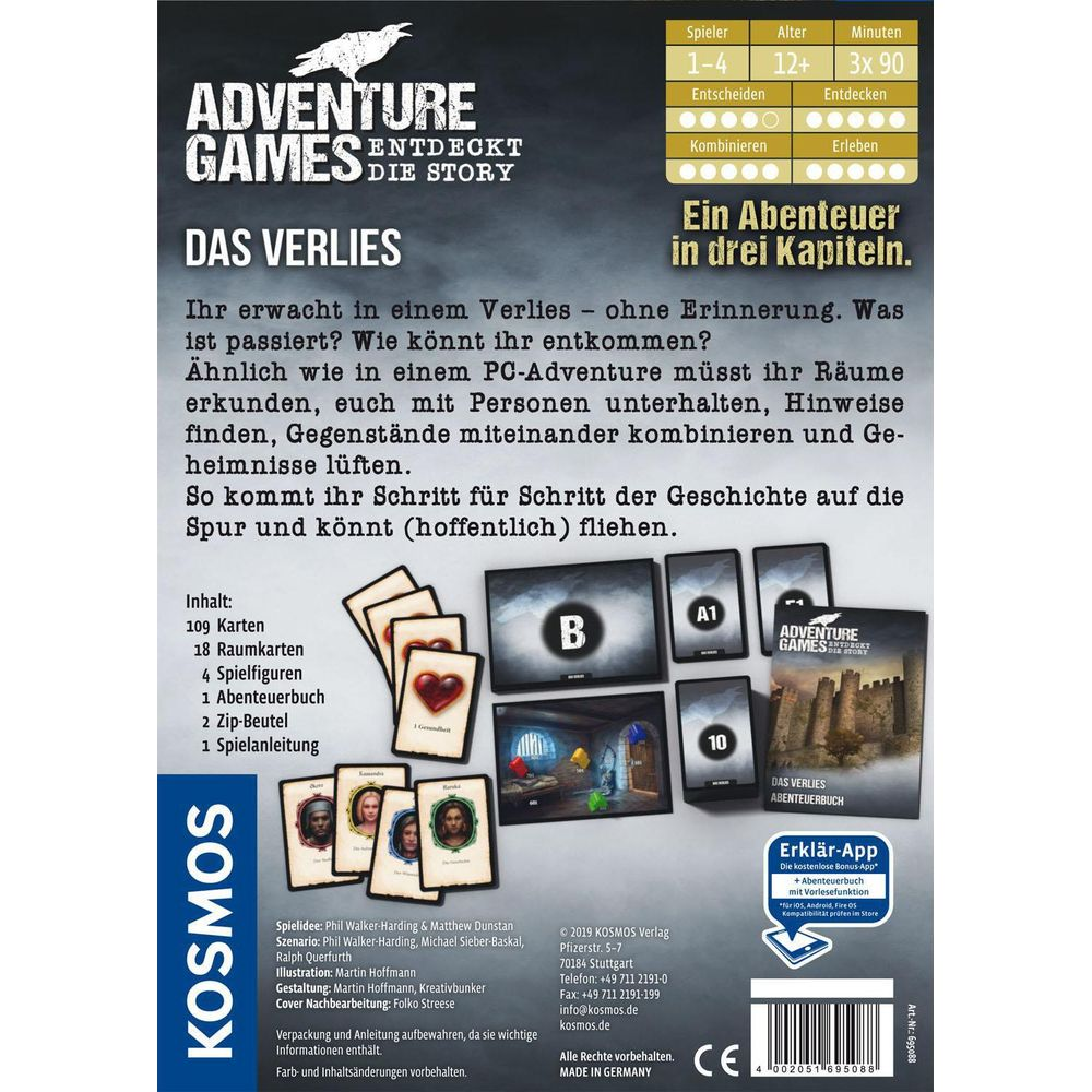 Brettspielbox mit Spielinformationen, Karten und App-Hinweis.