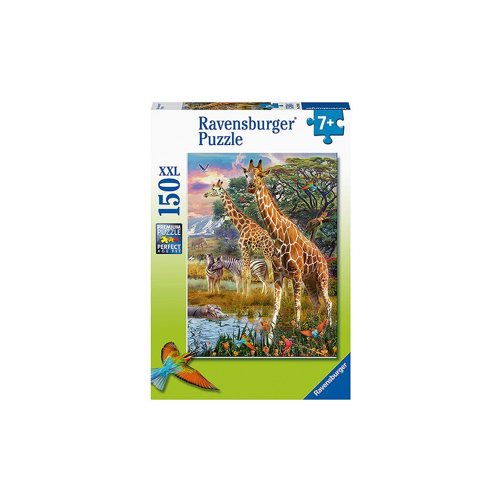 Puzzle Ravensburger: Dwie żyrafy, zebry i słonie w sawannie nad wodą.