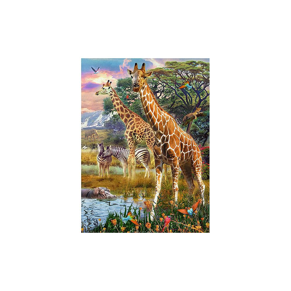 Dwie żyrafy na pierwszym planie, zebry i hipopotam w wodzie, scena safari.