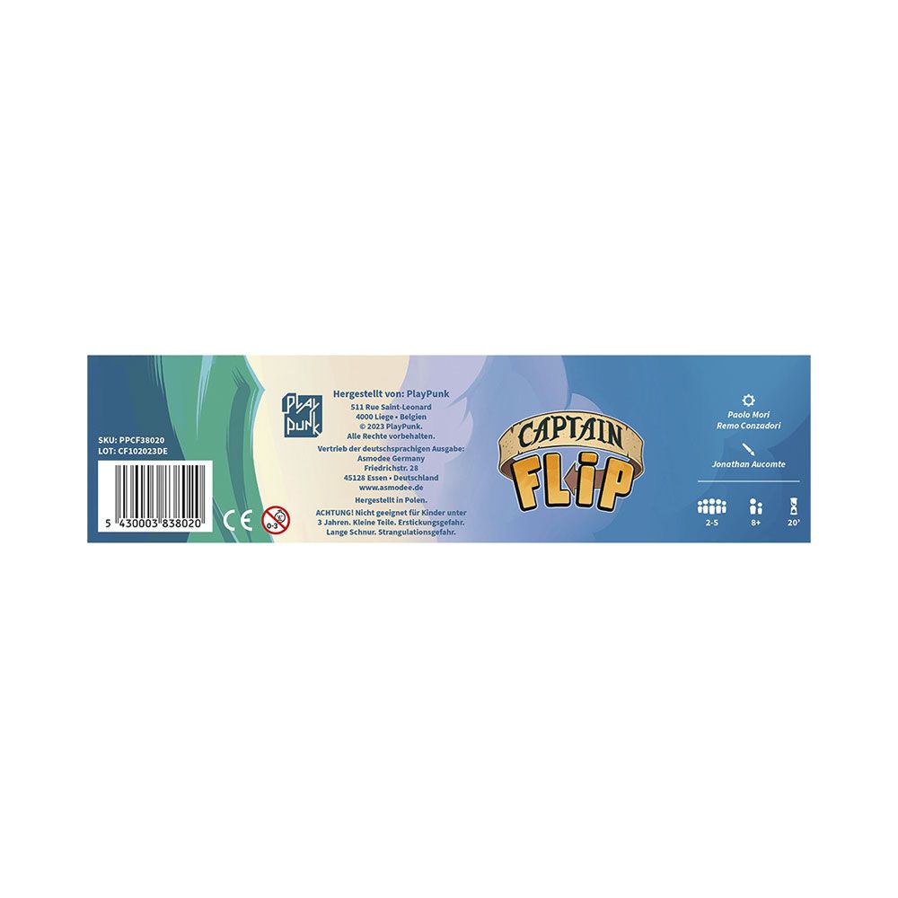 Spielbox mit "Captain Flip" Logo, Herstellerinfos und Alterswarnung.