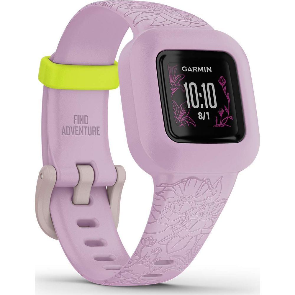 Smartwatch Garmin viola per bambini con motivo floreale.