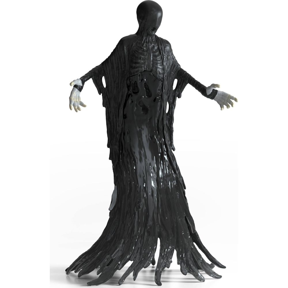 Una figura scura e fluida con torso scheletrico e mani pallide.
