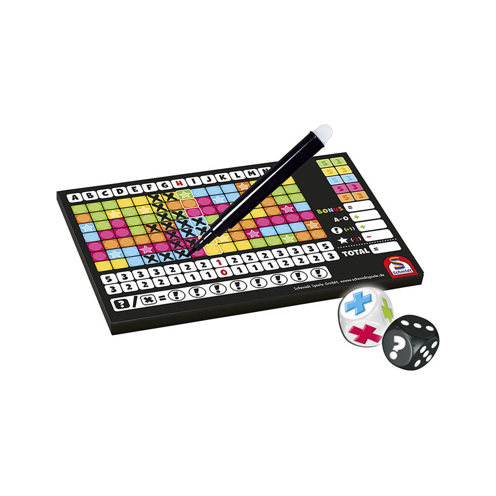 Ein Spielbrett mit bunten Feldern, Buchstaben, Zahlen und Würfeln.