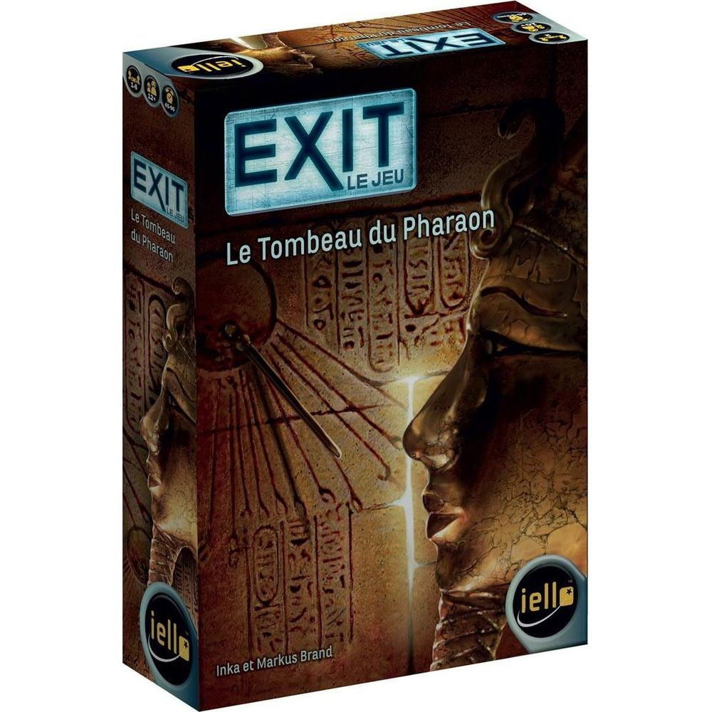 Gioco da tavolo "EXIT - Le Tombeau du Pharaon" con tema egizio e geroglifici.