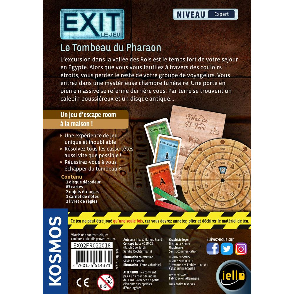 EXIT Il Gioco: La Tomba del Faraone. Gioco escape room con carte e dischi.