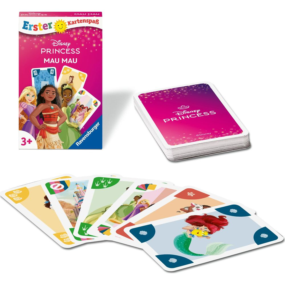 Jeu de cartes Mau Mau Disney Princess avec personnages et cartes.