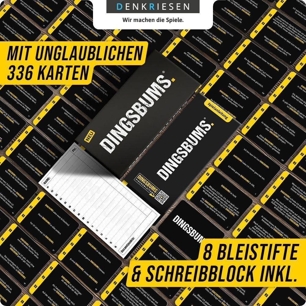 Spiel "Dingsbums" mit 336 Karten, Notizblock und Stiften. Text auf Deutsch.