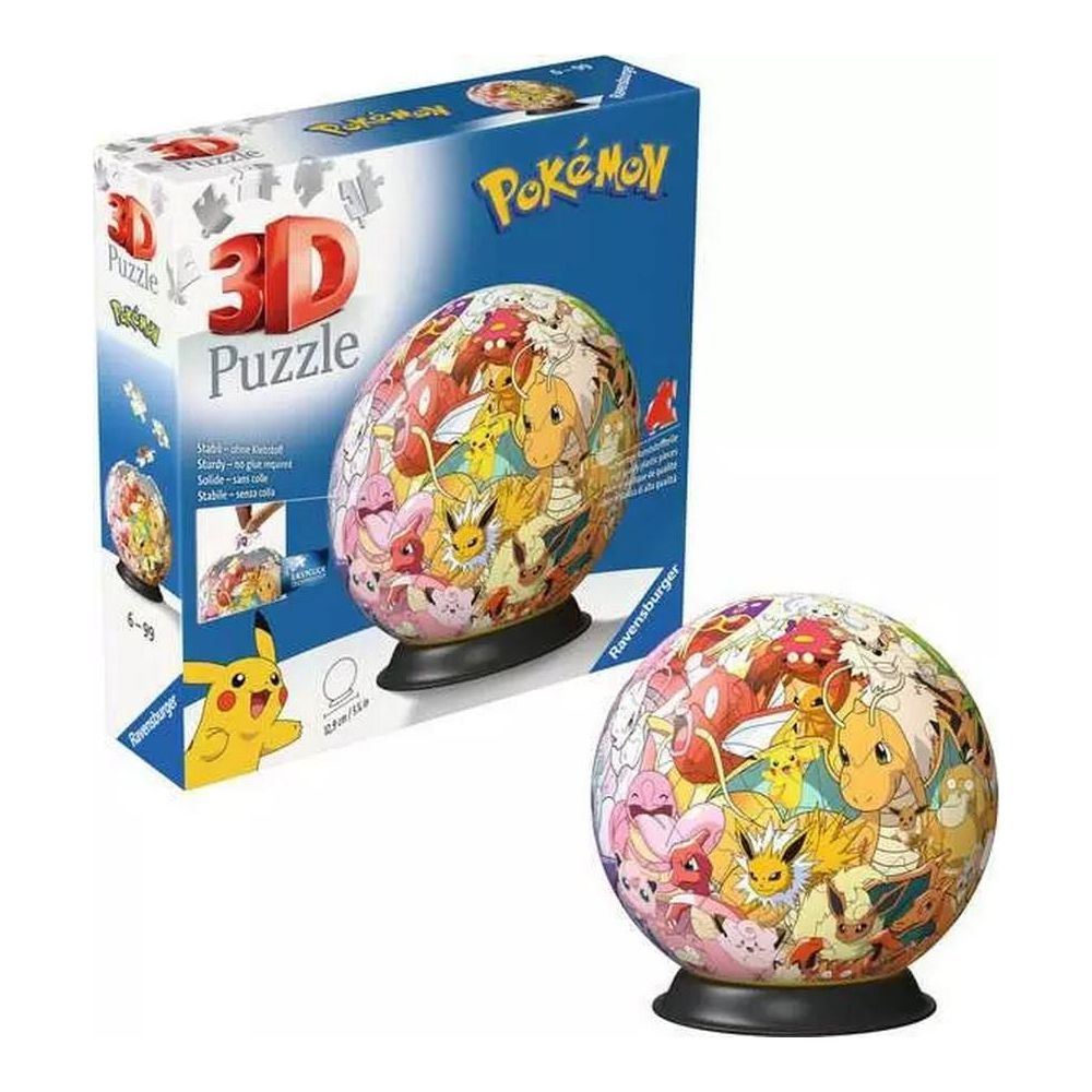 Pudełko z puzzlami 3D Pokémon i złożona kula z różnymi postaciami Pokémon.