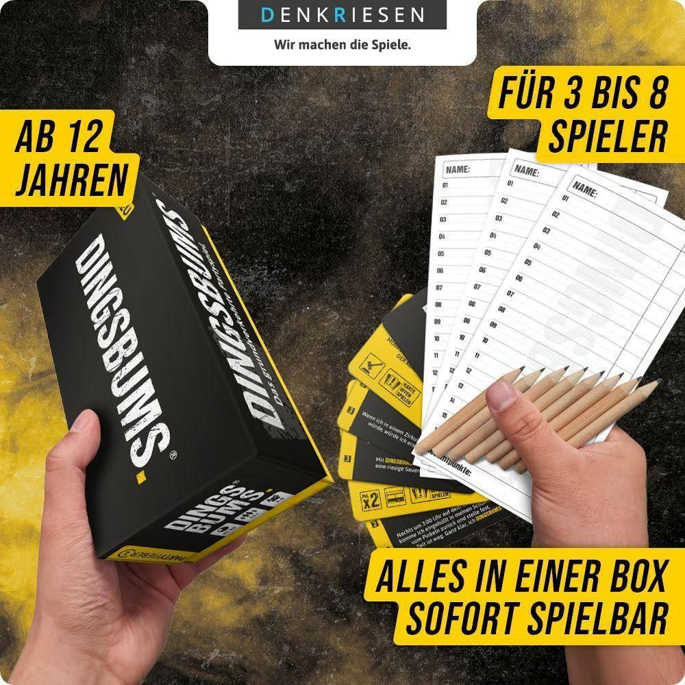 Spielkarten, Bleistifte und Spielpläne für das Spiel DINGSBUMS. Ab 12 Jahre.