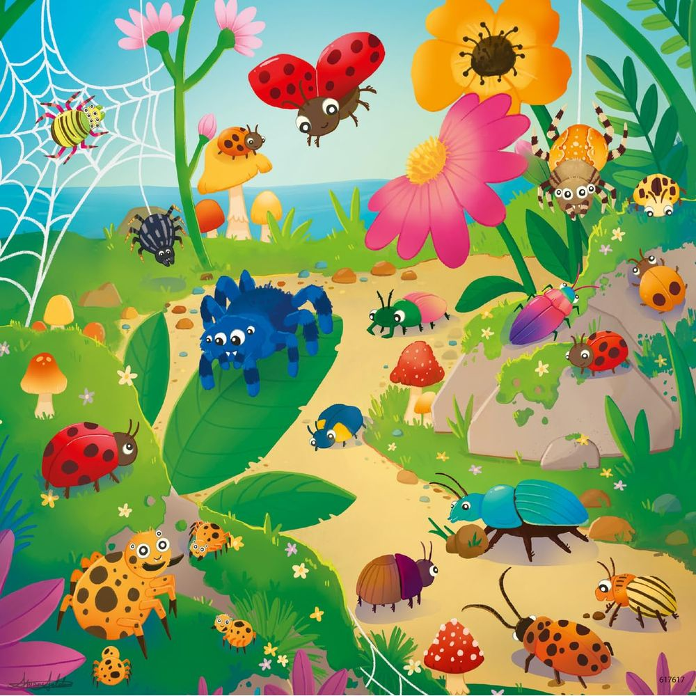 Una scena colorata con vari insetti: ragni, coccinelle e coleotteri.