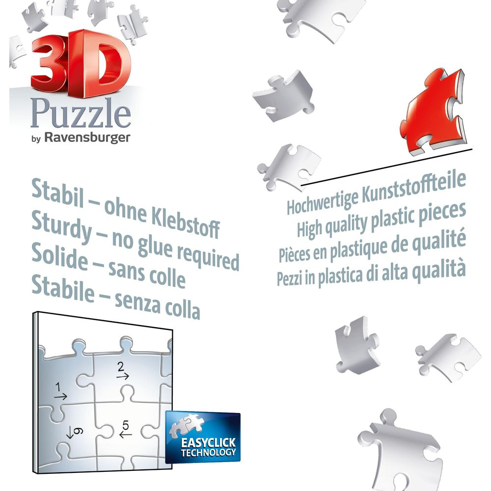 Puzzle 3D Ravensburger z wysokiej jakości plastikowymi elementami, bez kleju.