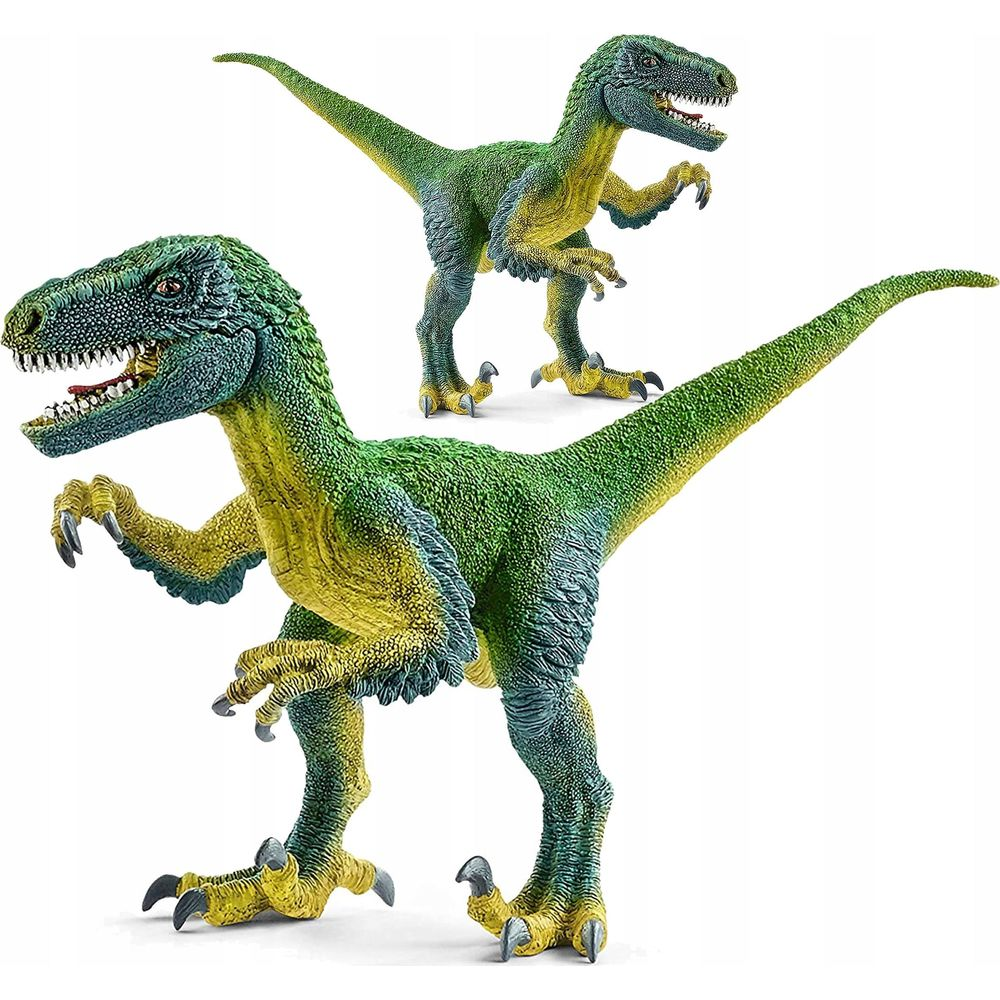 Dwie zielono-żółte figurki raptora z ostrymi pazurami i zębami.