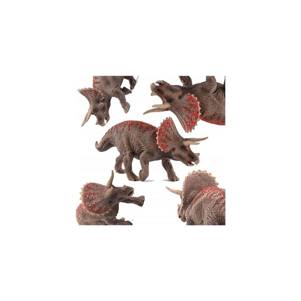 Pięć brązowych figurek Triceratops z czerwonymi akcentami.