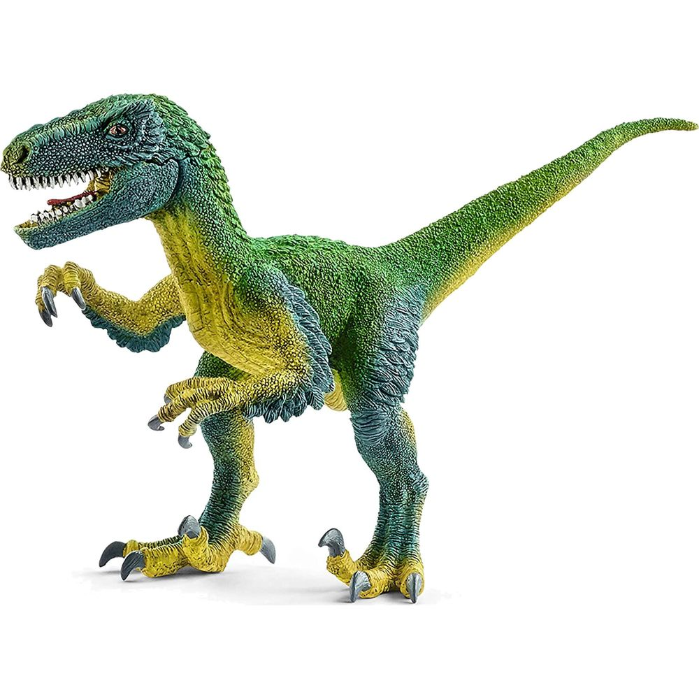 Zielono-żółty dinozaur z ostrymi pazurami stoi na białym tle.