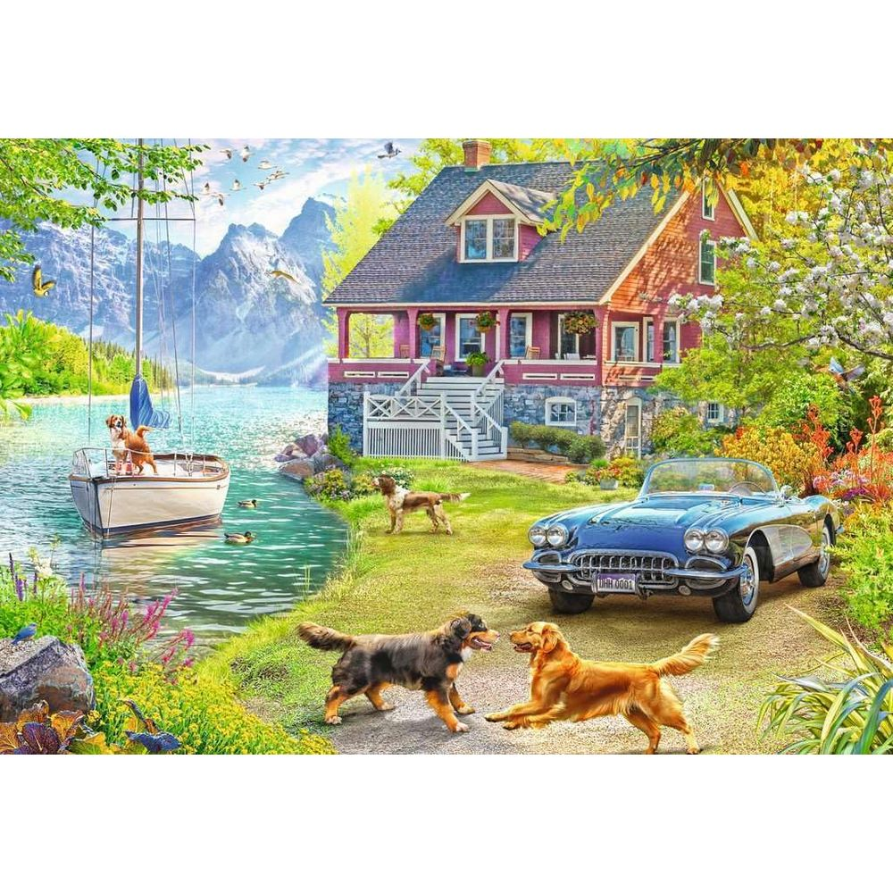 Casa sul lago con barca, auto e cani in un paesaggio primaverile.