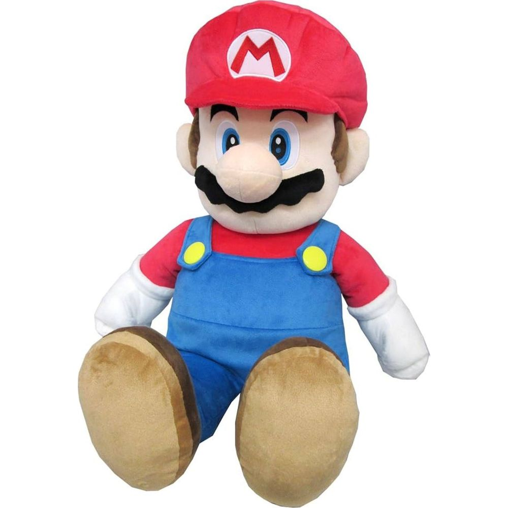 Peluche di Mario con cappello rosso, salopette blu e camicia rossa.