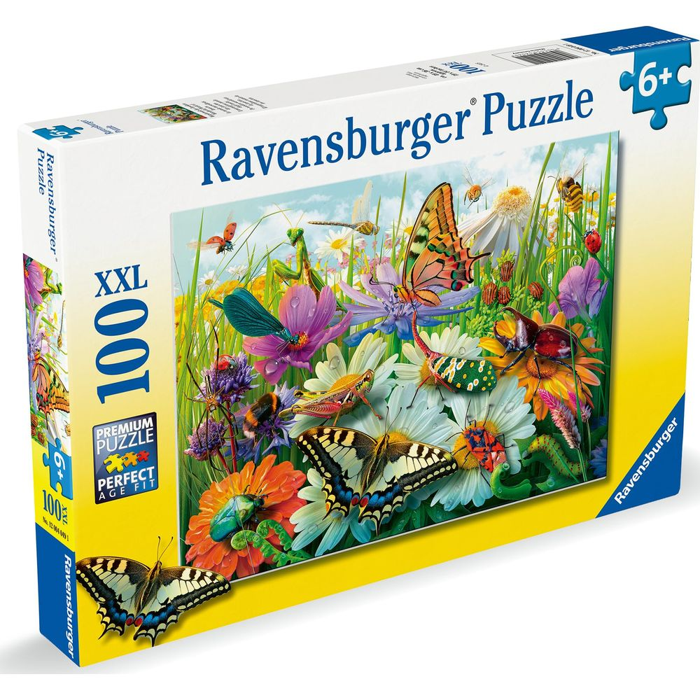 Scatola puzzle Ravensburger 100 XXL con insetti e fiori colorati.
