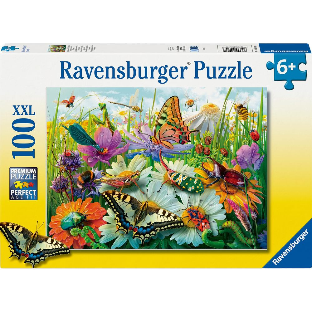 Scatola puzzle Ravensburger con insetti e fiori colorati in un campo.