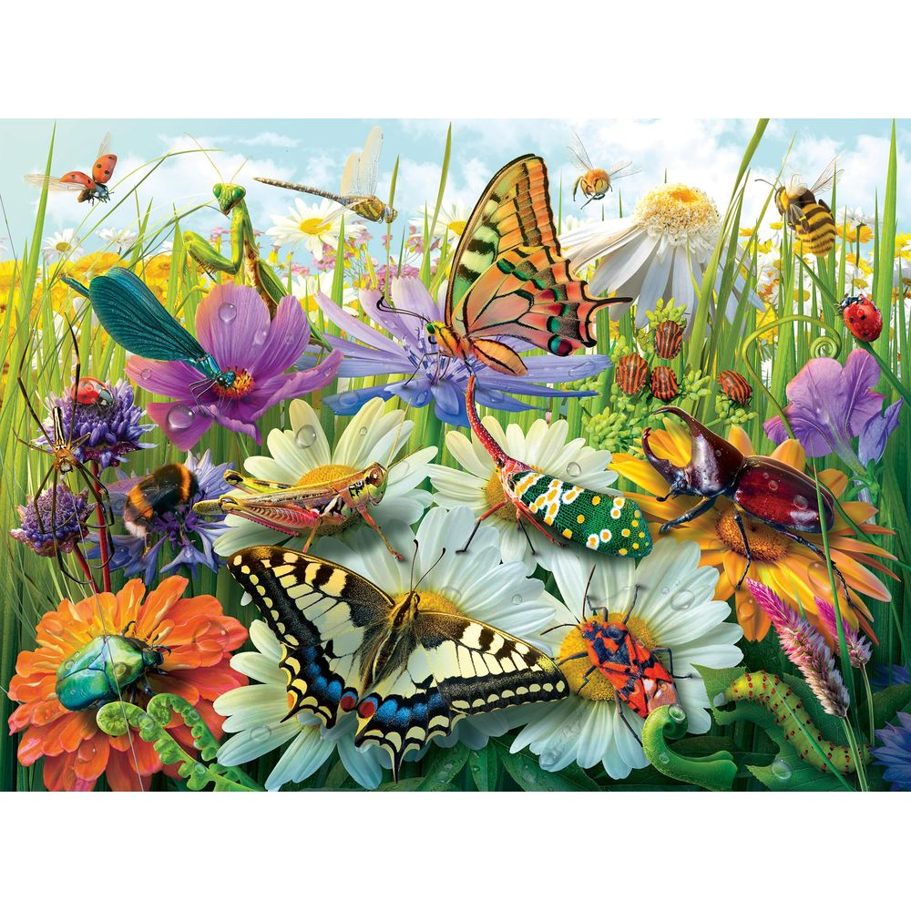 Insetti e farfalle colorati su fiori ed erba al sole.