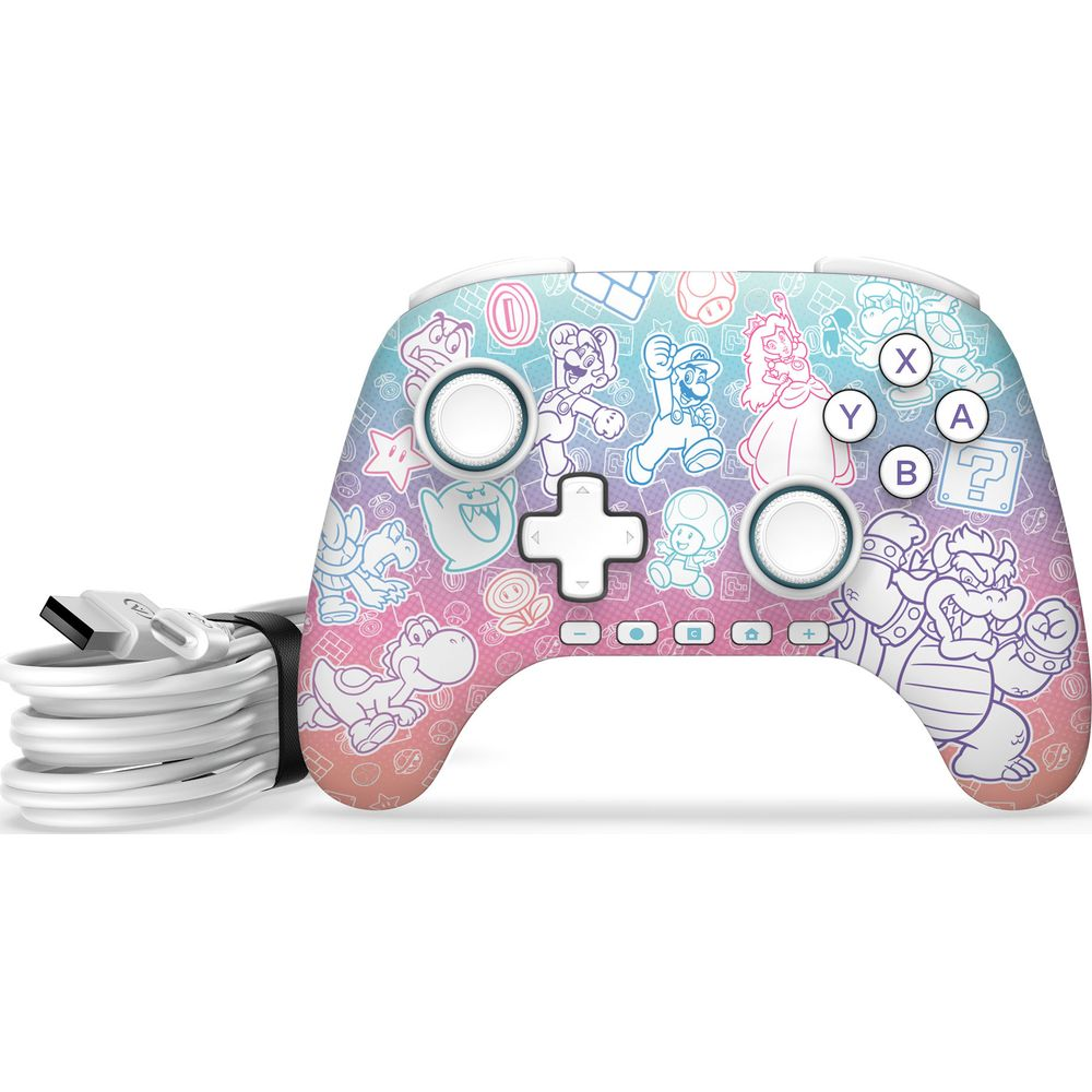 Biały kontroler Nintendo z postaciami Mario i białym kablem.